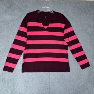 Talbots Striped Polo Collar Sweater Women Medium Burgundy Pink Wool Blend